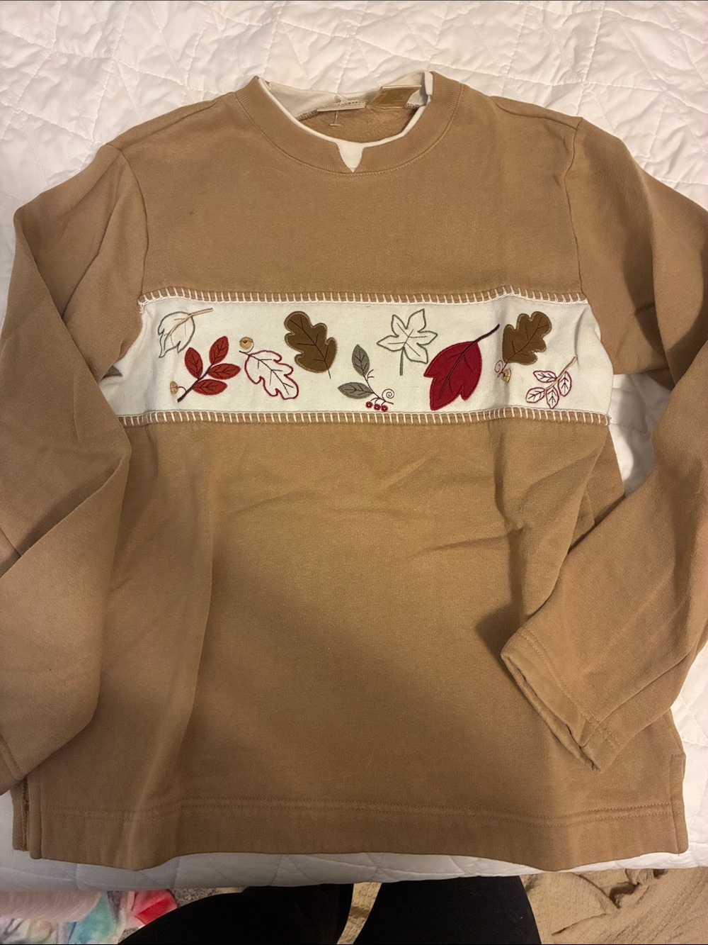 Vintage Embroidered Fall Leaf Sweatshirt - Tan & Cream